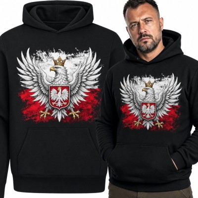 Bluza męska z kapturem - orzeł w koronie z godłem Polski na tle biało-czerwonej flagi