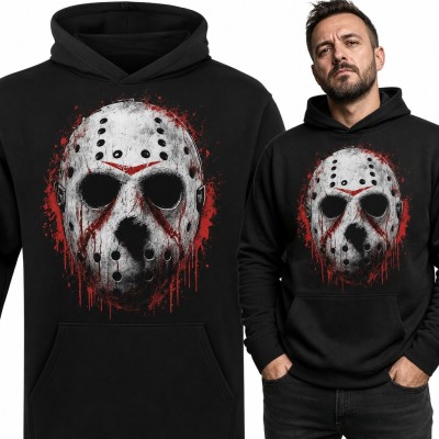 Bluza męska z kapturem - zniszczona maska hokejowa z krwią w stylu horroru