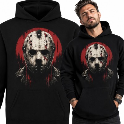 Bluza męska z kapturem - zakrwawiona maska hokejowa na tle czerwonego księżyca dla fana horroru