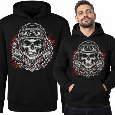 Bluza męska z kapturem - czaszka motocyklisty w kasku z tłokami i łańcuchem