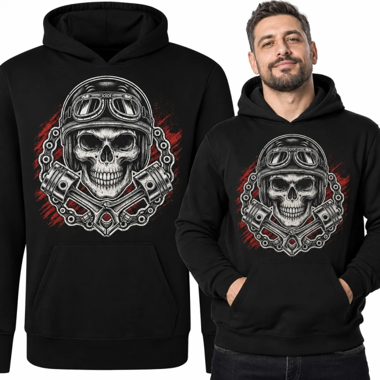 Bluza męska z kapturem - czaszka motocyklisty w kasku z tłokami i łańcuchem