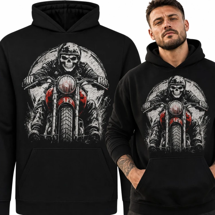 Bluza męska z kapturem - szkielet w kasku na motocyklu na tle księżyca