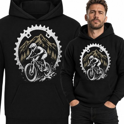 Bluza męska z kapturem - rowerzysta MTB na zjeździe w ramce z zębatki