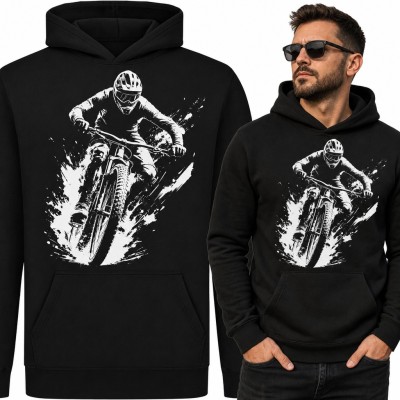 Bluza męska z kapturem - rowerzysta MTB na zjeździe downhill w błocie