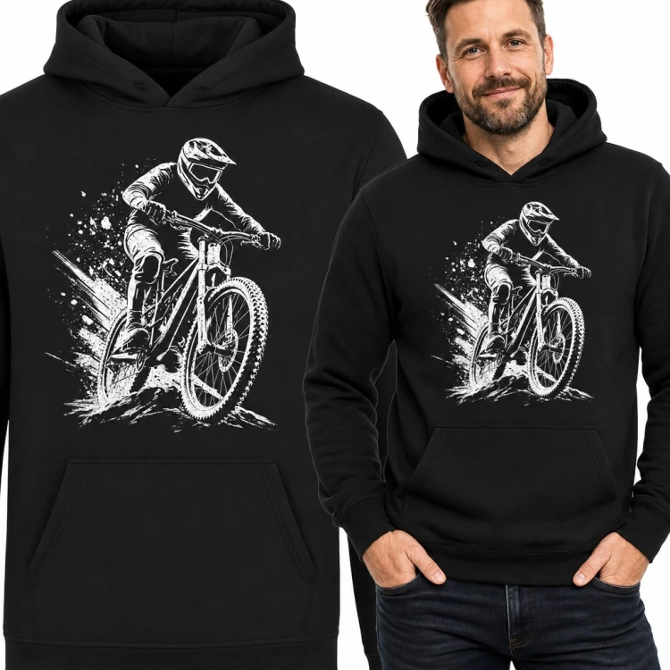 Bluza męska z kapturem - rowerzysta MTB w kasku na zjeździe dla fana downhillu
