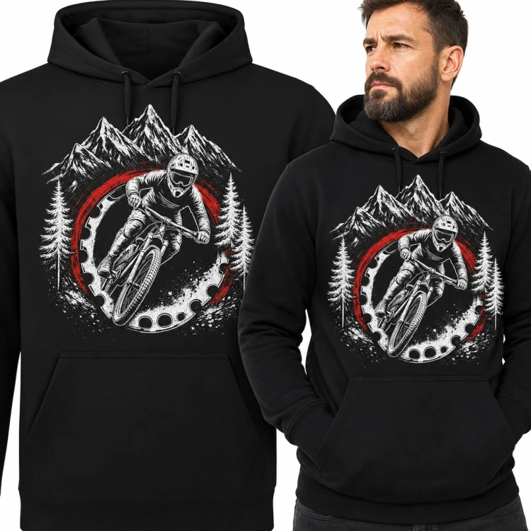 Bluza męska z kapturem - rowerzysta MTB downhill w górach z zębatką