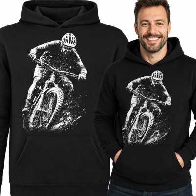 Bluza męska z kapturem - rowerzysta MTB na zjeździe w terenie