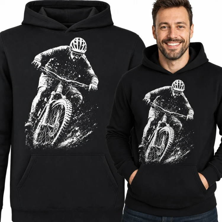 Bluza męska z kapturem - rowerzysta MTB na zjeździe w terenie