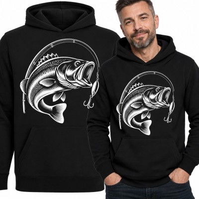 Bluza męska z kapturem - wyskakujący okoń z wędką i woblerem dla wędkarza