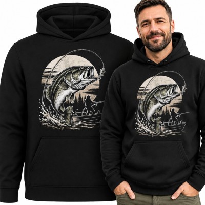 Bluza męska z kapturem - wyskakujący okoń i wędkarz w łodzi dla wędkarza