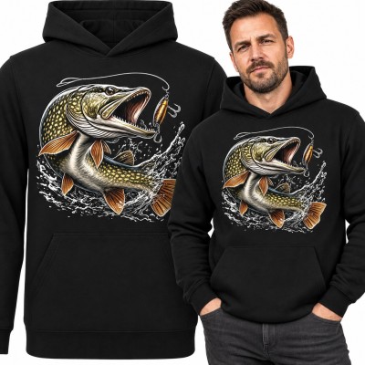 Bluza męska z kapturem - szczupak atakujący woblera dla wędkarza