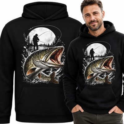 Bluza męska z kapturem - szczupak i wędkarz przy pełni księżyca dla wędkarza