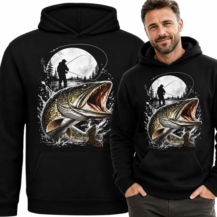 Bluza męska z kapturem - szczupak i wędkarz przy pełni księżyca dla wędkarza