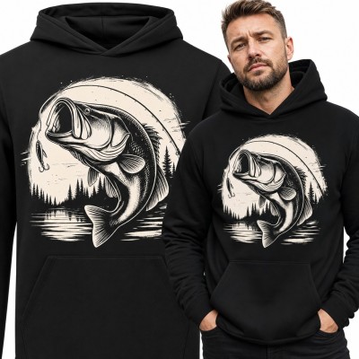 Bluza męska z kapturem - wyskakujący okoń z przynętą nad jeziorem dla wędkarza