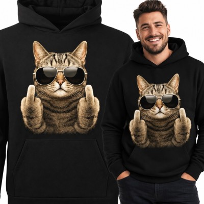 Bluza męska z kapturem - kot w okularach pokazujący środkowe palce