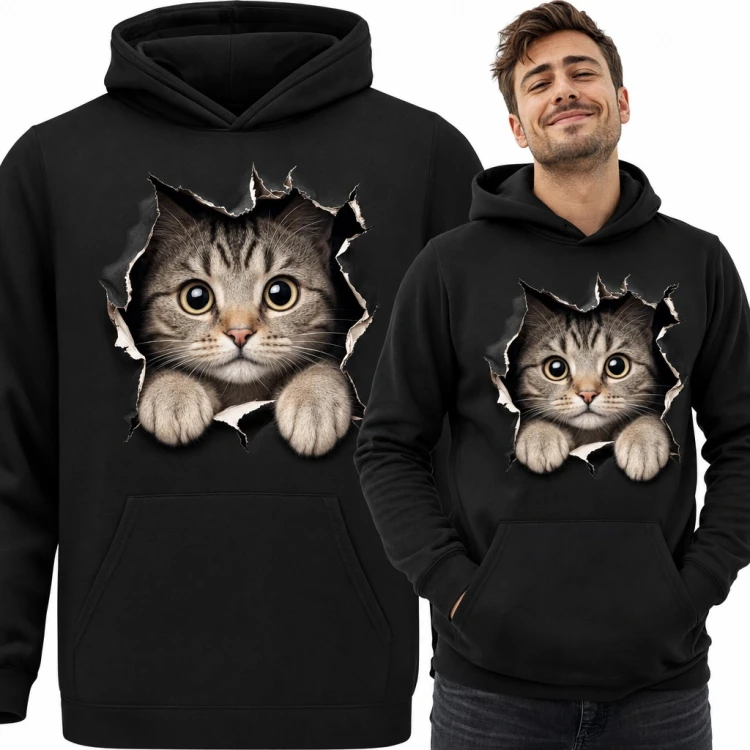 Bluza męska z kapturem - pręgowany kot 3D wyglądający przez rozdarcie