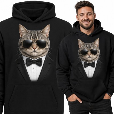 Bluza męska z kapturem - elegancki kot w okularach pilotkach i smokingu z muszką