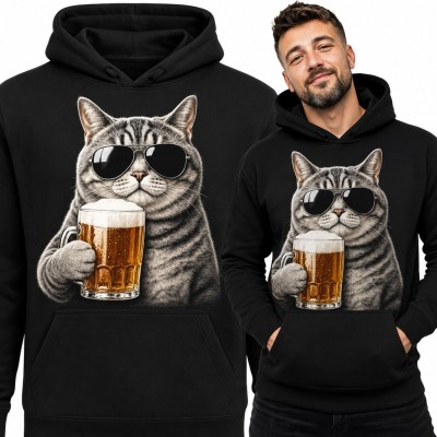 Bluza męska z kapturem - kot w okularach z kuflem piwa dla piwosza
