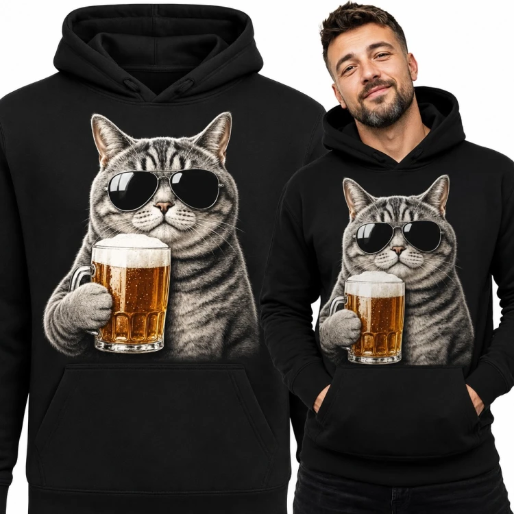 Bluza męska z kapturem - kot w okularach z kuflem piwa dla piwosza