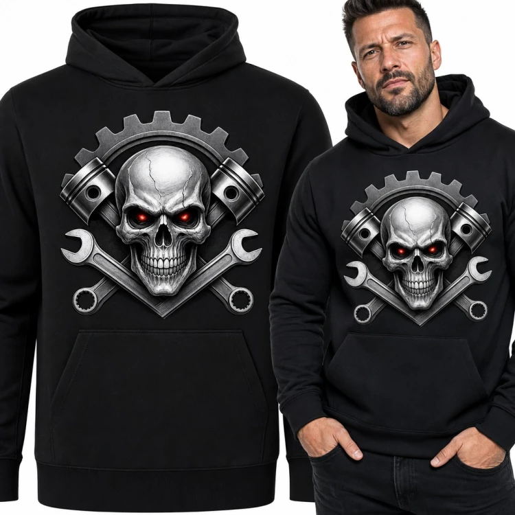 Bluza męska z kapturem - czaszka mechanika z tłokami i kluczami