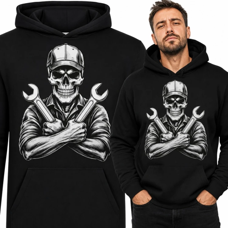 Bluza męska z kapturem - szkielet mechanika ze skrzyżowanymi kluczami