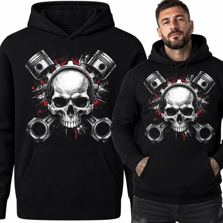 Bluza męska z kapturem - czaszka z tłokami i korbowodami dla mechanika