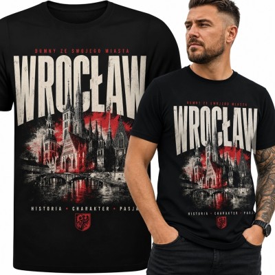 Koszulka męska z panoramą Wrocławia i napisem „Wrocław” - „Dumny ze swojego miasta”