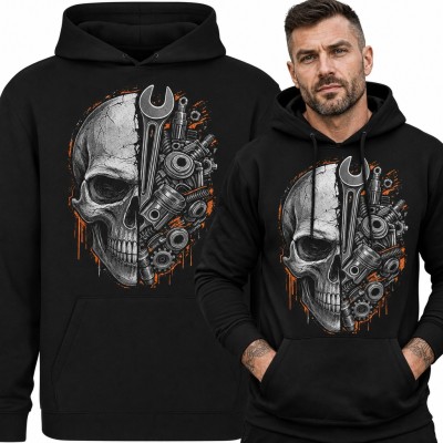 Bluza męska z kapturem - czaszka z częściami silnika i kluczem dla mechanika