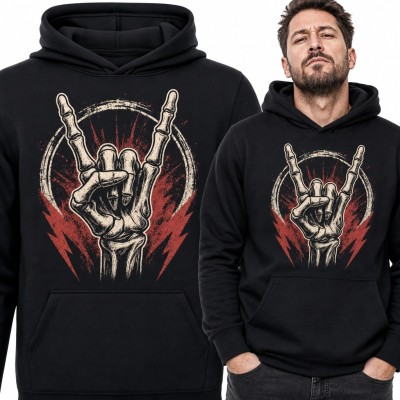 Bluza męska z kapturem - szkieletowa dłoń z rockowymi rogami i czerwonymi błyskawicami