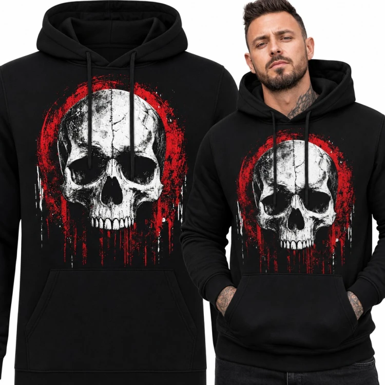 Bluza męska z kapturem - pęknięta czaszka na czerwonym kręgu z zaciekami