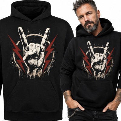 Bluza męska z kapturem - dłoń w geście rockowych rogów i czerwone błyskawice dla fana metalu
