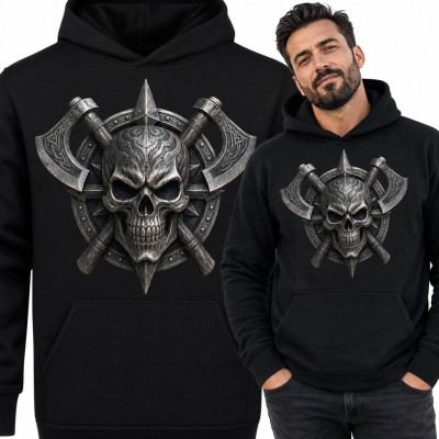 Bluza męska z kapturem - metalowa czaszka wikinga ze skrzyżowanymi toporami