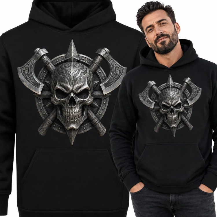 Bluza męska z kapturem - metalowa czaszka wikinga ze skrzyżowanymi toporami