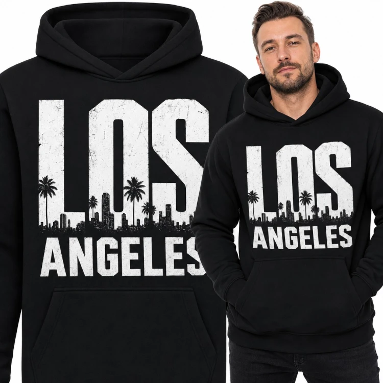 Bluza męska z kapturem - „Los Angeles” z panoramą miasta i palmami