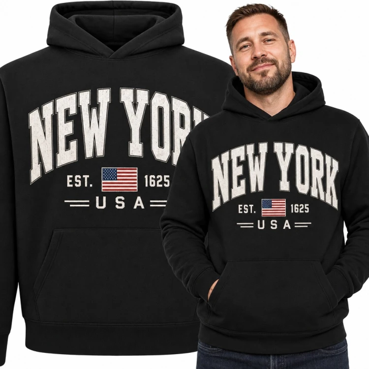 Bluza męska z kapturem - „New York” z flagą USA w stylu college