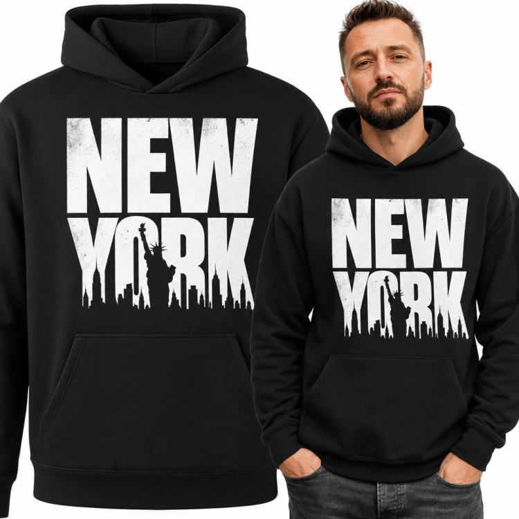 Bluza męska z kapturem - „New York” z panoramą Manhattanu i Statuą Wolności