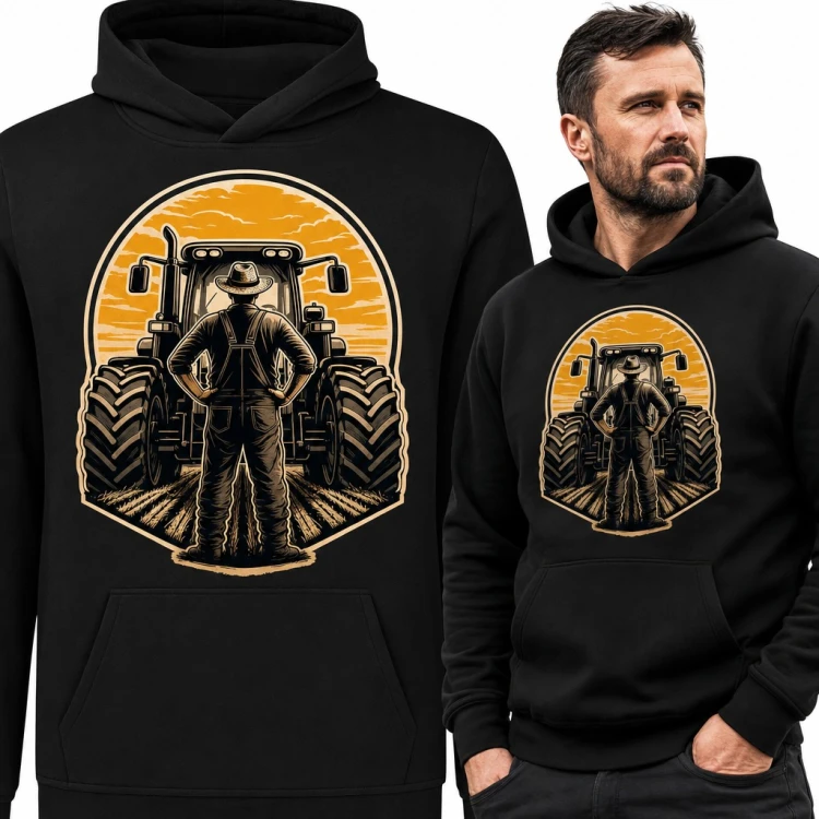 Bluza męska z kapturem - rolnik przed ciągnikiem na polu o zachodzie słońca