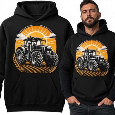 Bluza męska z kapturem - traktor na polu zboża w promieniach słońca dla rolnika