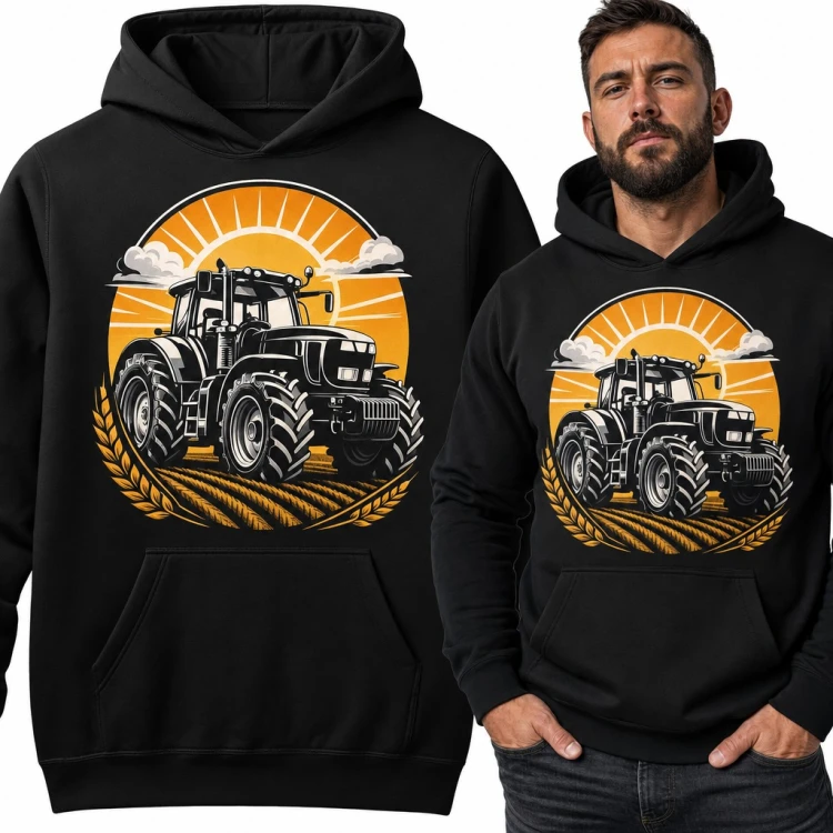 Bluza męska z kapturem - traktor na polu zboża w promieniach słońca dla rolnika