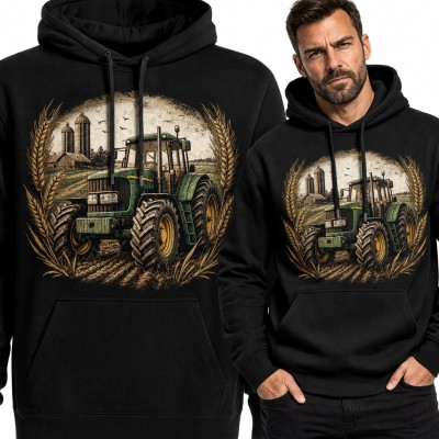 Bluza męska z kapturem - zielony traktor na polu wśród kłosów zboża dla rolnika