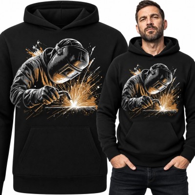 Bluza męska z kapturem - spawacz w masce przy pracy wśród iskier