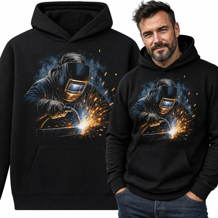 Bluza męska z kapturem - spawacz w masce przy spawaniu w deszczu iskier