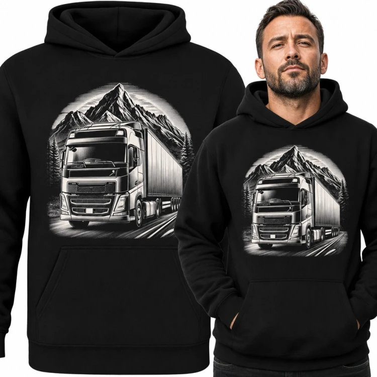 Bluza męska z kapturem - TIR z naczepą na górskiej trasie dla kierowcy