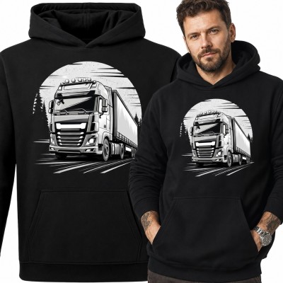 Bluza męska z kapturem - ciężarówka TIR z naczepą na leśnej drodze dla kierowcy