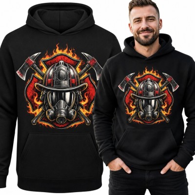 Bluza męska z kapturem - hełm strażacki z maską gazową i toporami w płomieniach