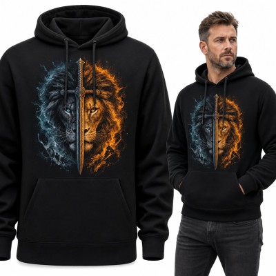 Bluza męska z kapturem - lew przecięty mieczem w ogniu i lodzie