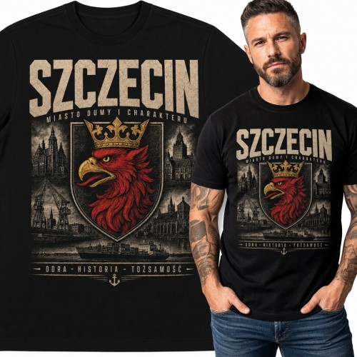 Koszulka męska z koronowanym gryfem i napisem „Szczecin” - panorama portowego miasta