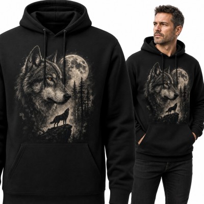 Bluza męska z kapturem - wilk i wyjący wilk na skale przy pełni księżyca
