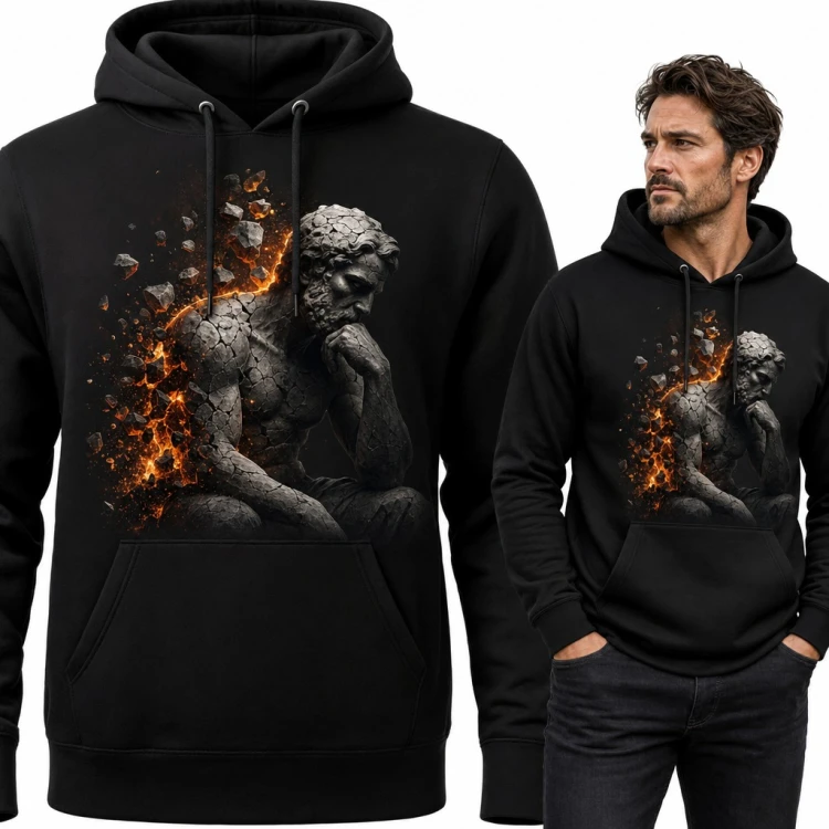 Bluza męska z kapturem - pękający posąg Myśliciela z żarem