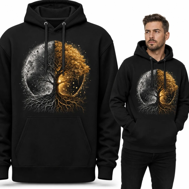 Bluza męska z kapturem - drzewo życia na tle księżyca, pół srebrne, pół złote